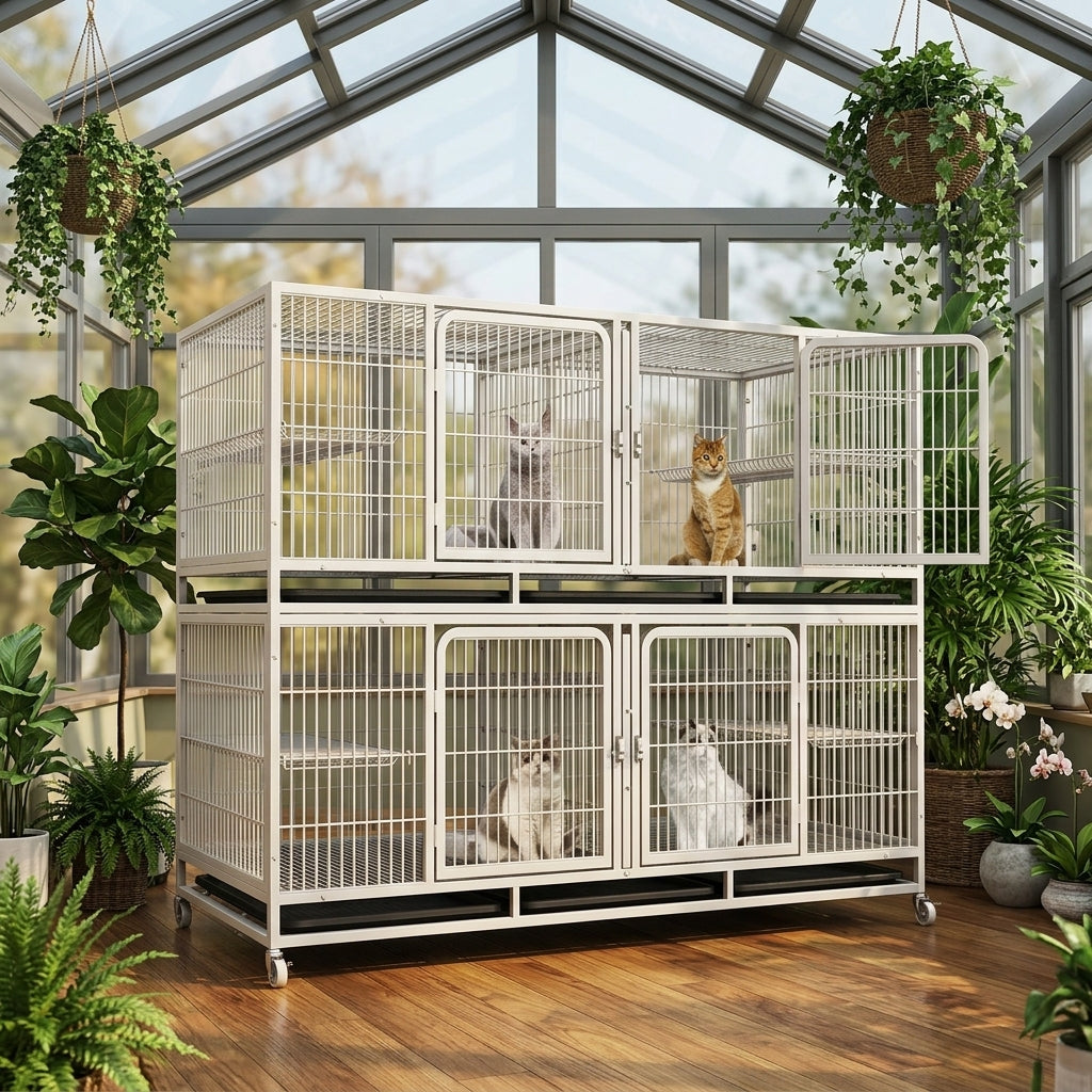 Multi-Layer Metal Wire Breeding Cage, Pre-Assembled Boarding Cage with Trays, Detachable Divider Cage for Pet Breeding and Cat Boarding Use
