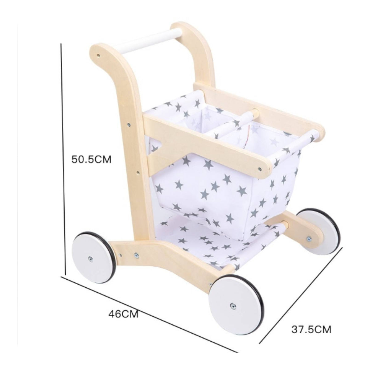 Toy Pram with Textile Basket Pretend Play Doll Stroller Wooden Toy Cart Sturdy Kids Shopping Cart Roomy for Toddlers, Playroom