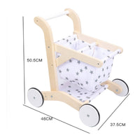 Toy Pram with Textile Basket Pretend Play Doll Stroller Wooden Toy Cart Sturdy Kids Shopping Cart Roomy for Toddlers, Playroom