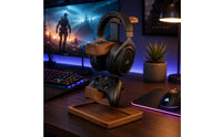 Headset Stand with Gaming Controller Holder Wood and Metal Headphone Stand with Tray Curved Hanger Wooden Headset Holder for Gaming Enthusiasts