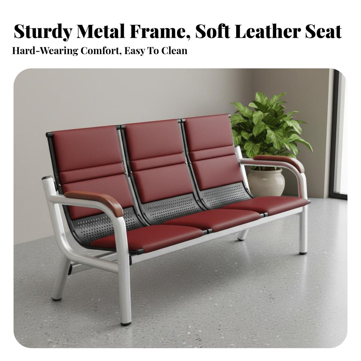 Wear-Resistant PU Leather 3 Seater Waiting Chair Heavy Duty 3 Seat Waiting Bench Long-Lasting Construction Metal Frame Tandem Chair High-Rebound Cushion for Visitors, Patients, Customers, Lobby, Hospital, Airport, Salon