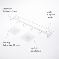Bedroom and Closet Stainless Steel Multi-Hook Rack for Students, Removable Wall Hooks for Renters with No-Drill Design