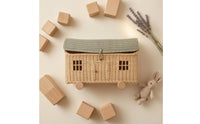 House Basket with Wheels Handwoven Rattan Storage Wagon Wheeled Rolling Storage Basket for Young Children, Parents, Playroom, Nursery, Photo Setting