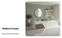 1 Piece Reception Desk Modern Front Desk Commercial Counter Double-layer Countertop Engineered Wood with LED Lighting and Storage Suitable for Salons Barbershops Shops Lobbies