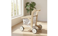Toy Pram with Textile Basket Pretend Play Doll Stroller Wooden Toy Cart Sturdy Kids Shopping Cart Roomy for Toddlers, Playroom