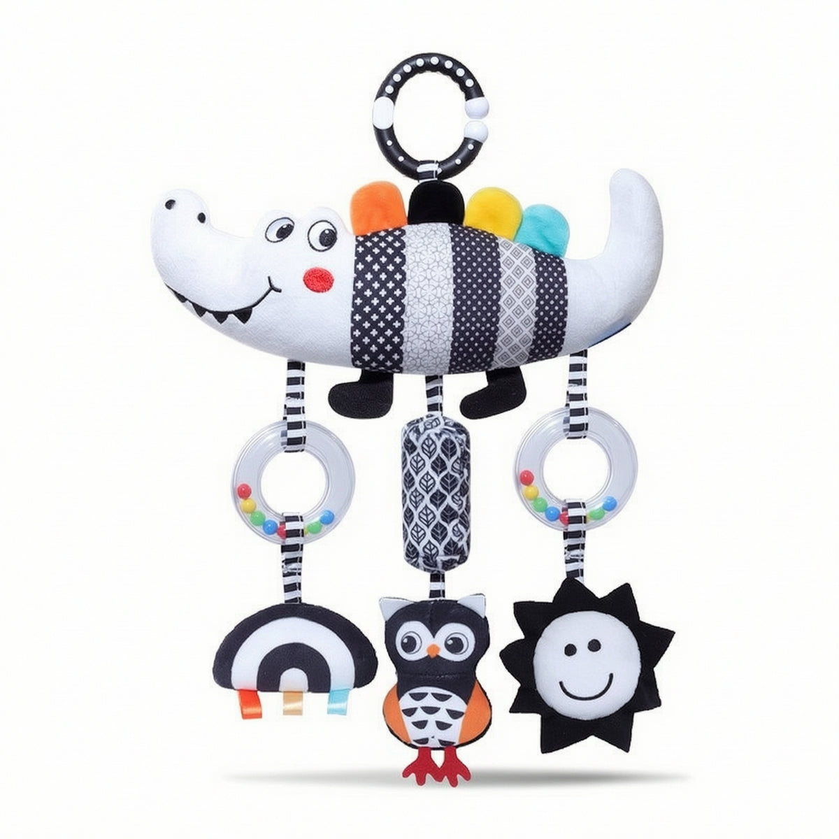 High-Contrast Hanging Toy with Rattle Rings Soft Soft Stroller Hanger Safe Baby Rattle Hanging Toy Early Development for Newborns
