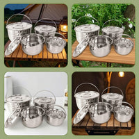 4 Pieces Camping Pot Set with Lids Portable Stainless Steel Cookware Set Compact Pot with Lid for Backpackers