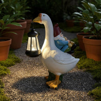 Gnome Riding Goose Statue Resin Craft Goose Solar Light for Yard, Patio