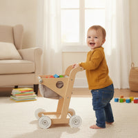 Toddler Wooden Push Cart Lightweight Push Cart with Cloth Basket Safe Wooden Baby Stroller Smooth for Playroom