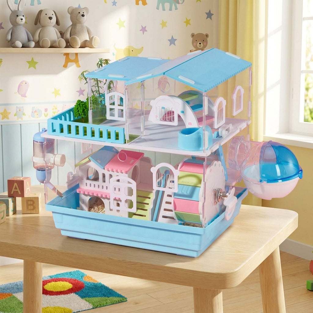 Acrylic Hamster Cage Double Layer Hamster Villa, Large Wooden Syrian Multi-Layer Habitat with Transparent Viewing and Top-Opening Solid Tray Base