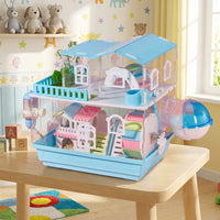 Acrylic Hamster Cage Double Layer Hamster Villa, Large Wooden Syrian Multi-Layer Habitat with Transparent Viewing and Top-Opening Solid Tray Base