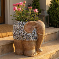 Hand Painted Elephant Planter Floral Pattern Decorative Elephant Planter Stone Like Finish House Decoration
