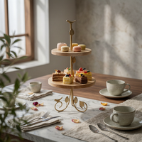 Two-Tier Dessert Stand Gold-Tone Cupcake Holder Stand Wooden Shelves Rustic for Home Cooks, Cafes