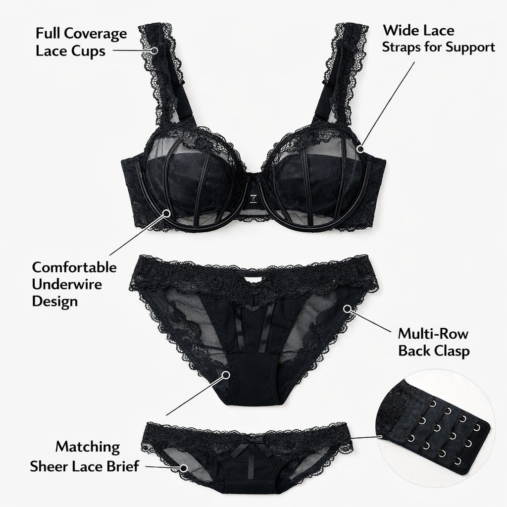 Lace Trim Underwire Bra for Plus Size Women with Full Coverage Support, Everyday Wear Set with Molded Cups and Detailing