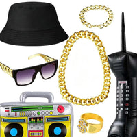 Hip Hop Gold Necklace Bracelet Black Bucket Hat Sunglasses Dollar Ring Party Costume Set