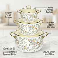 Enamel Cookware Set with Glass Lids, Flat Bottom Soup Pot Double Handle, Floral Cooking Pots for Everyday Cooking, 3 Sizes 18/22/26cm