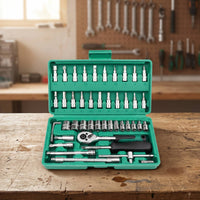Socket Set with Hard Shell Case 46-Piece Socket Set with Case Chrome Mechanics Tools Kit for Vehicle Owners, Hobbyists, Garage, Home Maintenance