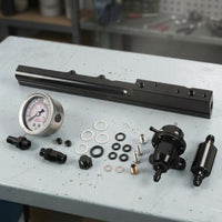 Black Anodized Fuel Adapter Aluminum Fuel with Pressure Gauge Adjustable Auto Part Easy to Install for Car Tuners, Mechanics, Engine Bay, Track Cars