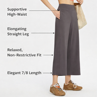 Wide Leg Trousers for Women with High Waist and Elastic Waistband, Cropped Pants in Stretch Nylon, Casual Gym Workout