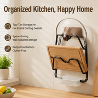 Walnut Wood Pot Lid and Board Rack, Wall Mounted Chopping Board Holder Kitchen Organiser, Dark Brown Oiled Wood Rack with Drainage Tray