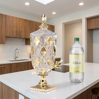 Glass Juice Dispenser with Ornate Gold Lid, 2L Water Dispenser and Beverage Dispenser with Tap Handle, Elegant Lemonade Dispenser for Home Use