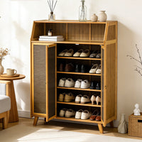 Bamboo Rotating Shoe Rack with 3 Doors, Space-Saving Entryway Cabinet