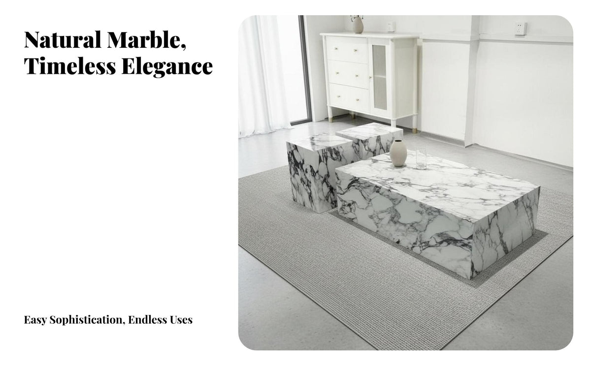 3 Pieces Elegant Design Marble Pattern Block Coffee Table High Hardness Sintered St Single Center Table Scratch-Resistant Modern Marble Top Tables Stable Structure for Interior Designers, Apartment Dwellers, Adults, Hotel Lobby, Reception Area, Lounge