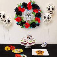 Mexican Halloween Red and Black Rose Wreath Door Hanger with Skull Wooden Sign