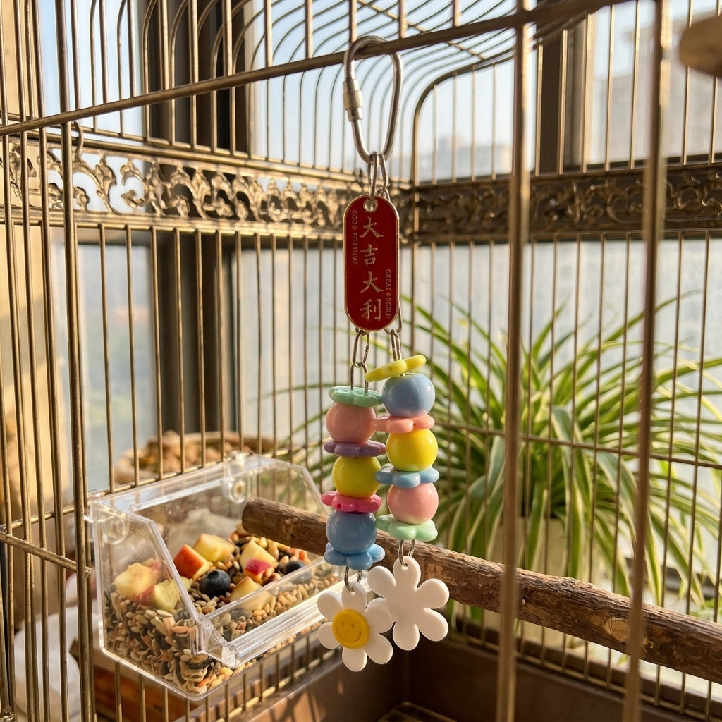 Parrot Toy 3 Pack Mixed Materials Hanging Bird Toys, Iron Cage Ornament and Gnaw Toy, Parrot Cage Accessories for Enrichment and Entertainment
