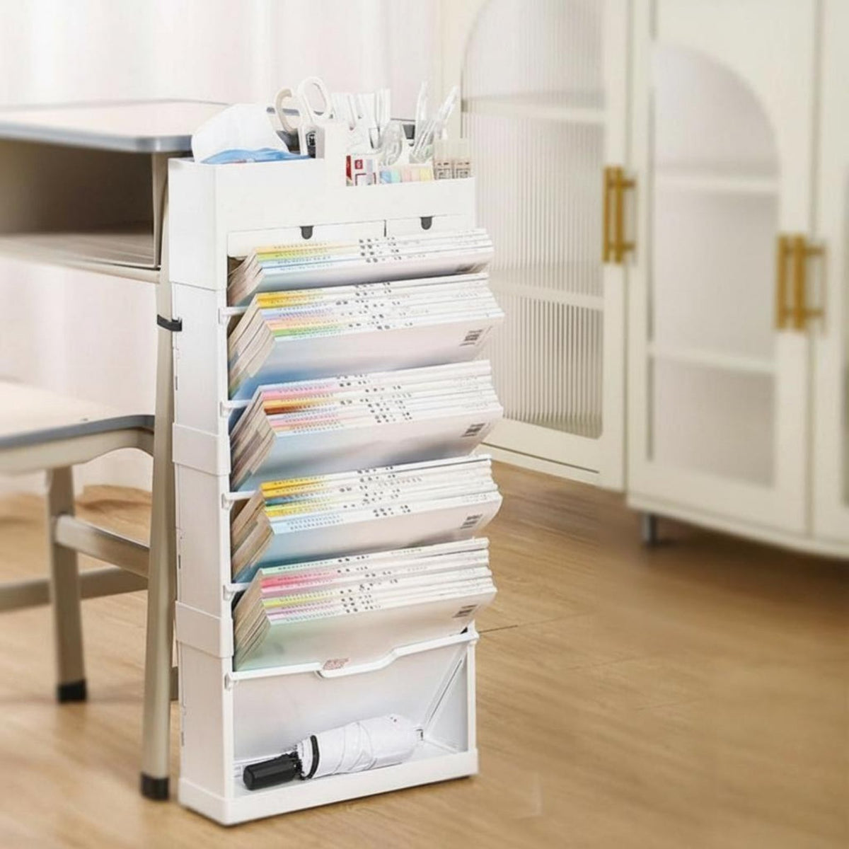 Rolling Desk-Side Book organizer Foldable book organizer Space Saving for Office Workers