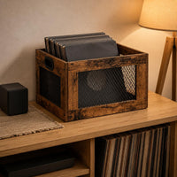 Records Storage Crate with Handle Vinyl Organizer Vintage Wooden Storage Basket for Music Room