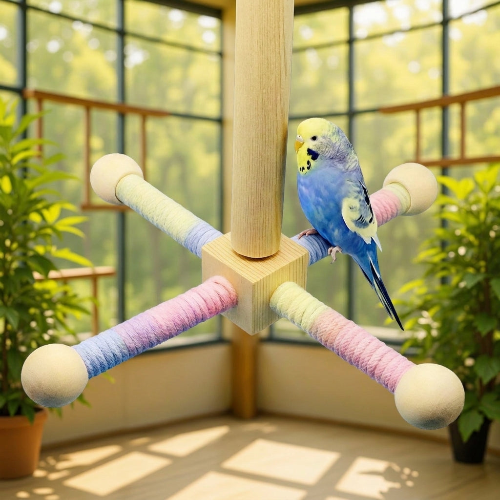 Parrot Toy Bird Stand with Multi-Directional Arms, Wooden Perch Toy and Macaron Toy, Screw Mount Small Medium Bird Entertainment Area