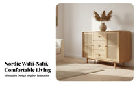 Japandi design Rattan Door Console Minimalist Design Arched Rattan Door Console Wood Grain Finish Sideboard Multi-Purpose for Homeowners, Adults, Renters, Living Room, Entryway, Hallway, Bedroom