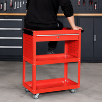 3-Tier Rolling Tool Cart, Red Painted Steel Service Cart 70x35cm, Mechanic Workshop Trolley with Locking Wheels