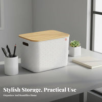 Plastic Box with Bamboo Lid multipurpose Organizing Container Built-in Handles