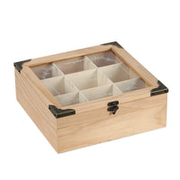 Wooden 9-Compartment Tea Bag and Coffee Capsule Storage Box with Glass Lid