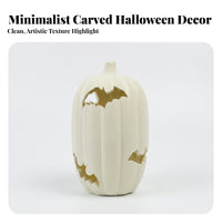 Flat White Pumpkin with Nocturnal Mammal | Compact 15cm Height, Light-up Pumpkin, for Table