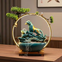 Solid Wood Base Ceramic Feng Shui Ornament Tiger Figurine Water Fountain Crystal Ball Water Feature for Business Owners, Entrance Hall, Desktop, Living Room, Meditation Space