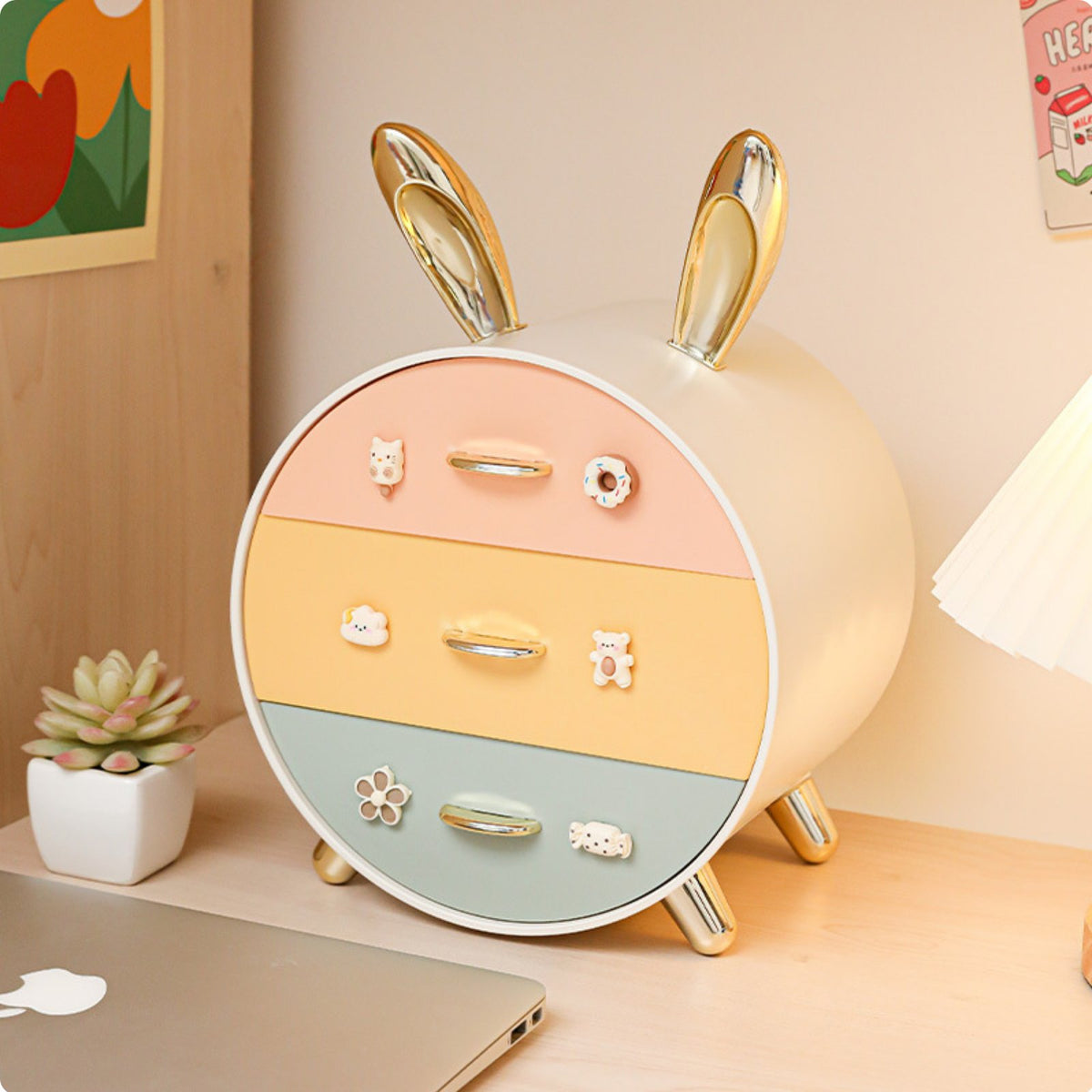 3 Layer Desktop Drawer Cute Desktop Drawer Bunny Storage Box for Dorm Room, Bedroom