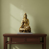 Peace Blessing Guanyin Statue Gold Finish Golden Guanyin Figurine Ornate Details Lotus Base Buddha Statue Traditional Chinese Design for Buddhist Believers, Office Desk