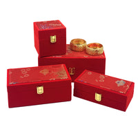 Red Velvet Wooden Bangle Storage Box with Dragon and Phoenix Design, 4-Slot