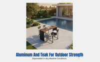 2 Pieces Weatherproof Aluminum Outdoor Bar Stool and High Table Set with Timeless Aluminum and Teak Structure Comfortable Seating Functional Style Suitable for Home Patios Outdoor Bars Gardens