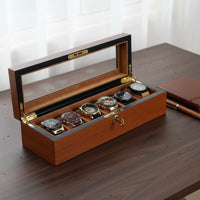 Wooden Watch Display Box Cushioned Compartments Watch Display Box Teak-Grain Finish Gold-Tone Hardware