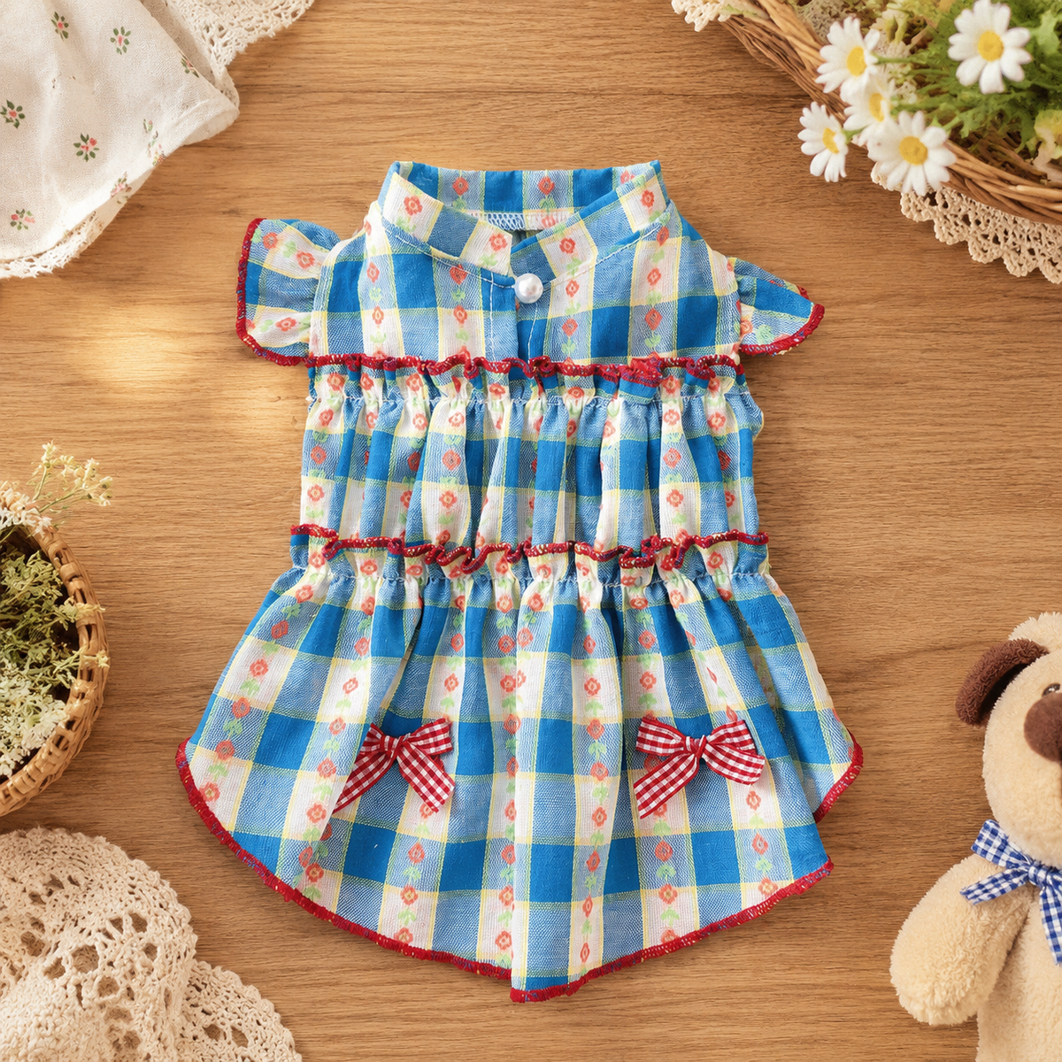 Small Dog Dress with Buttons, Princess Dog Dress for Special Occasions, Blue Plaid Dog Clothes for Small Dogs, Summer Puppy Clothes Girl