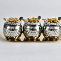 3 Pieces Condiment Jars with Tray Stainless Steel for Kitchen Countertop
