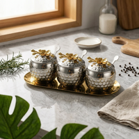 3 Pieces Condiment Jars with Tray Stainless Steel for Kitchen Countertop