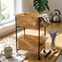 Two-Tier Storage Trolley Iron Frame Woven Basket Trolley Raised Rims