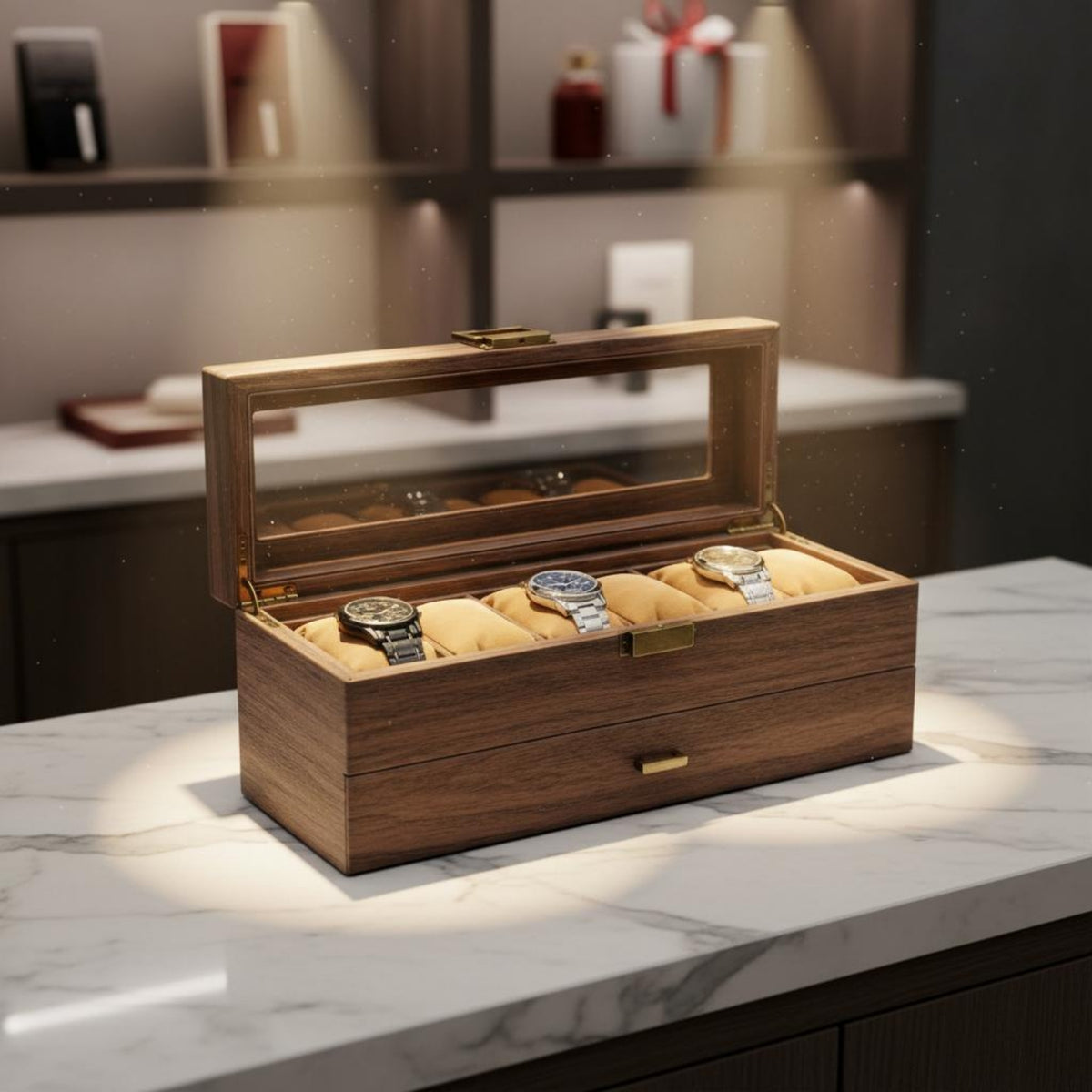Double-Layer Watch Box Cushioned Pillows 2-Layer Watch Case Jewelry Storage Box Velvet Lined Glass Lid Display Case