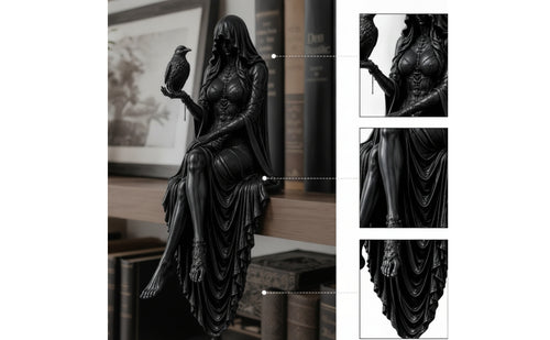 Decorative Hooded Figure Statue Dark Fantasy Gothic Statue Detailed Sculpture Freestanding for Goths, Book Lovers, Bookshelf, Mantel, Reading Nook