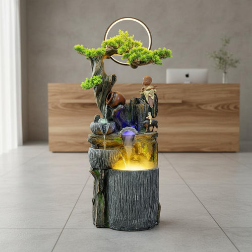 Rockery Water Feature Handcrafted Floor Standing Indoor Fountain with LED Lights Resin Material Suitable for Feng Shui Enthusiasts Business Owners Home Decoration